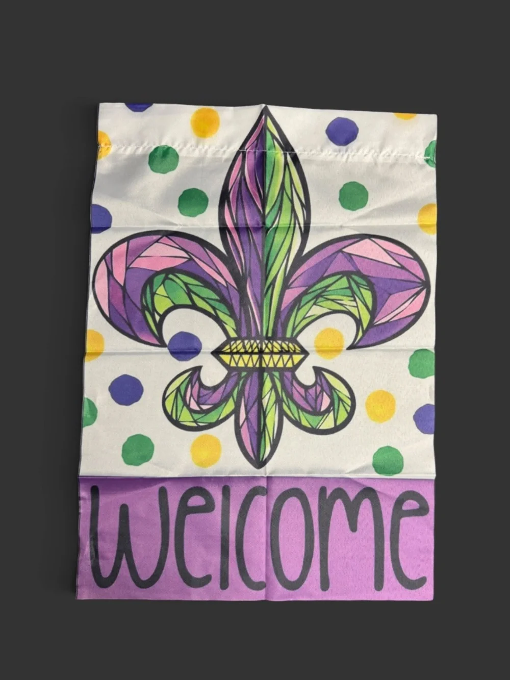 Mardi Gras Garden Flag 12x18 Fleur De Lis Purple Green Gold Welcome NIP